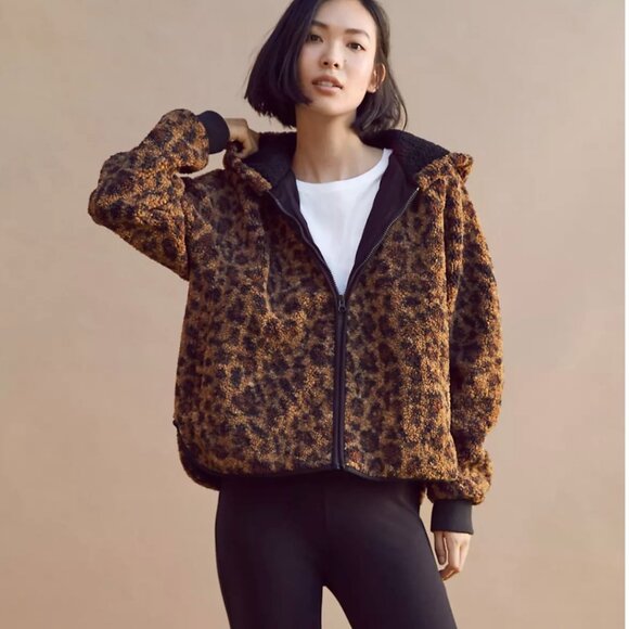 LOFT Lou & Grey Leopard Cozy Up Sherpa Hooded Lined Zip Up Jacket Hoodie Size XS - Picture 3 of 6